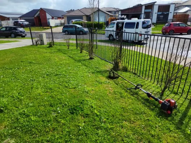 Line trimmer edging a lawn along a fence line in Palmerston North